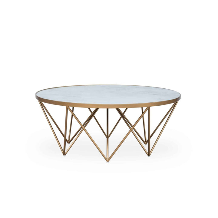 Round coffee table with marble top and gold geometric base on a white background