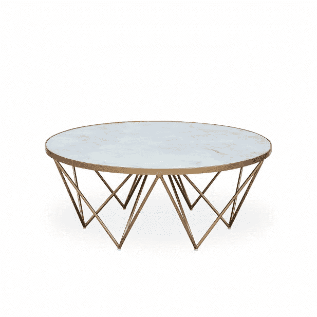 Round coffee table with marble top and gold geometric base on a white background