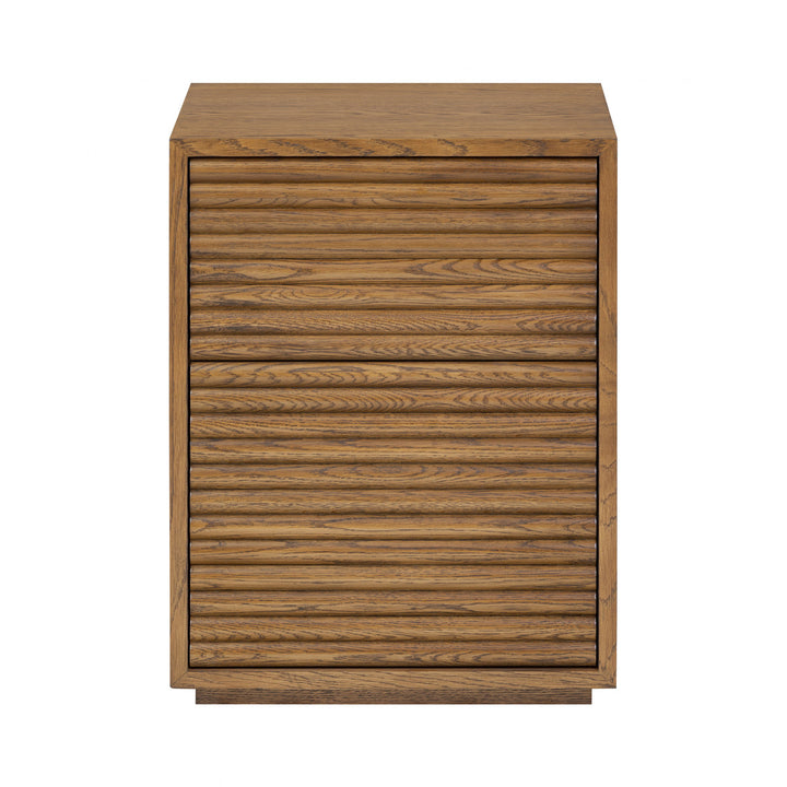 Wooden side table with a striped pattern on a white background
