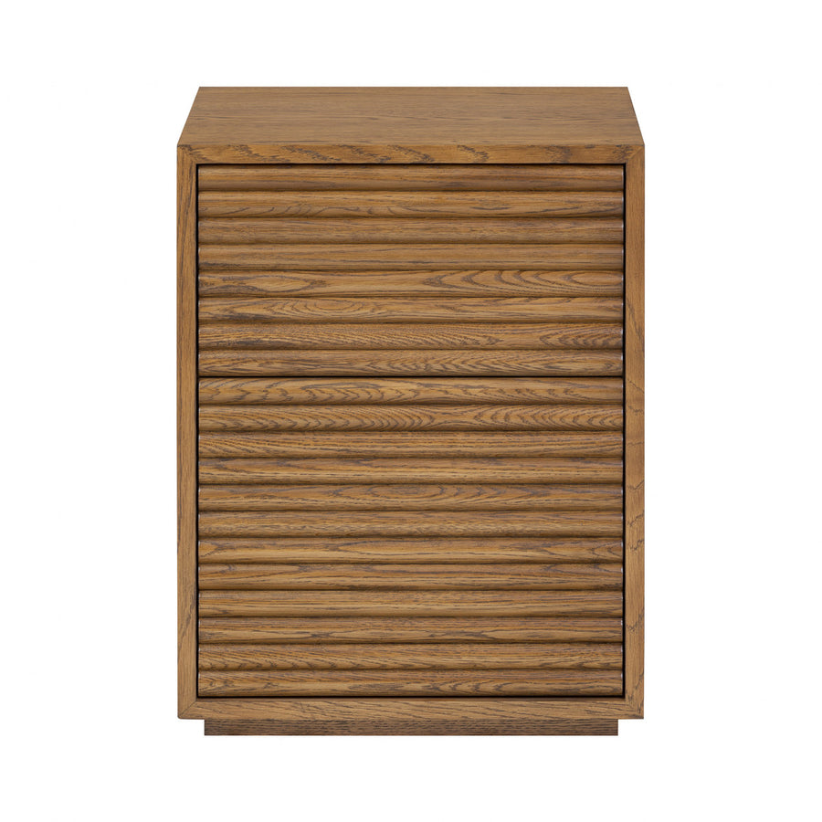 Wooden side table with a striped pattern on a white background