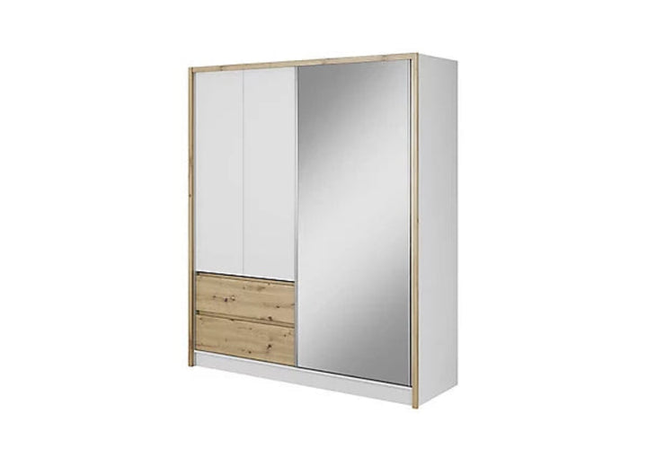 Sara Mirrored Wardrobe with Drawers in White and Oak Artisan W184cm