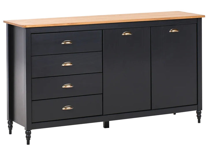 Black dresser with wooden top on a white background