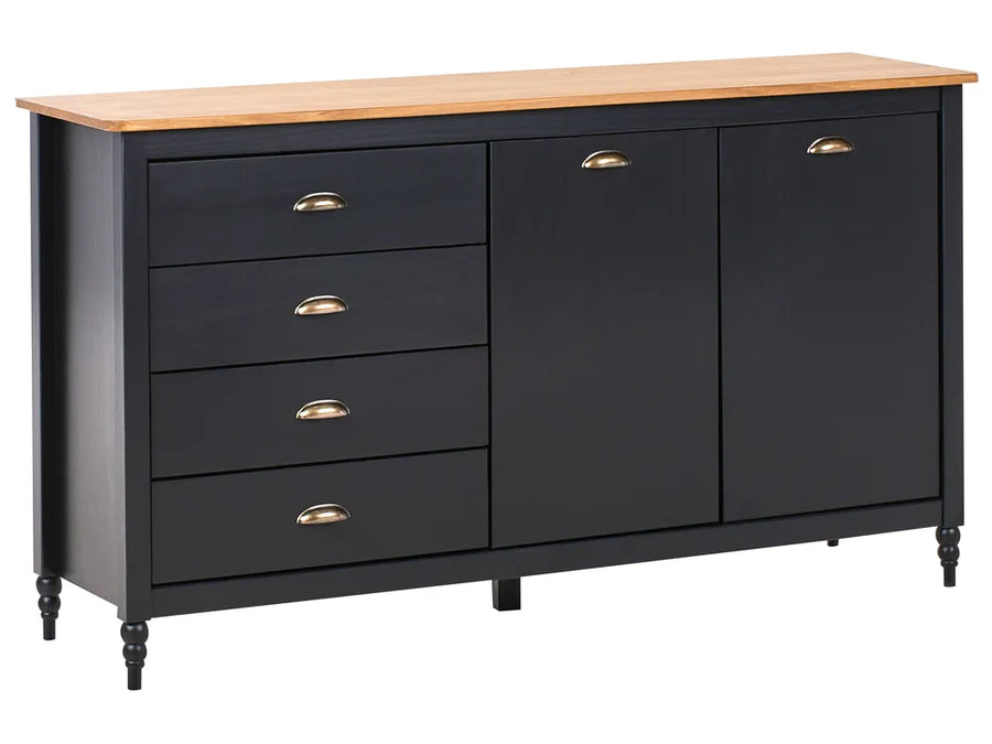 Black dresser with wooden top on a white background