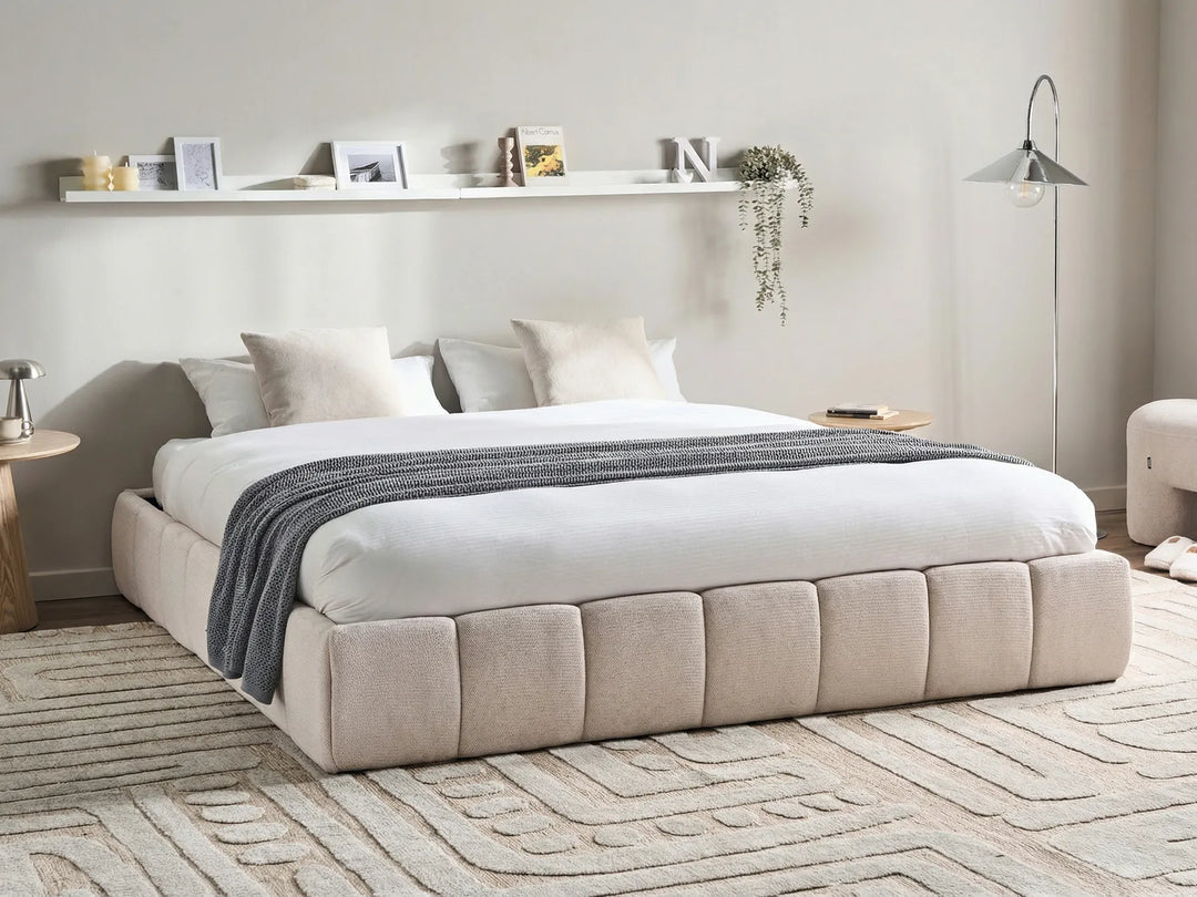 Low-profile light beige bed frame