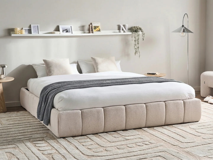 Low-profile light beige bed frame