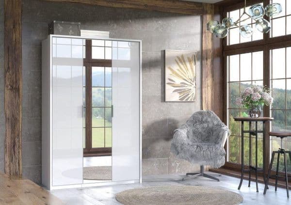 Modern interior design with a wardrobe, armchair, and decorative elements.