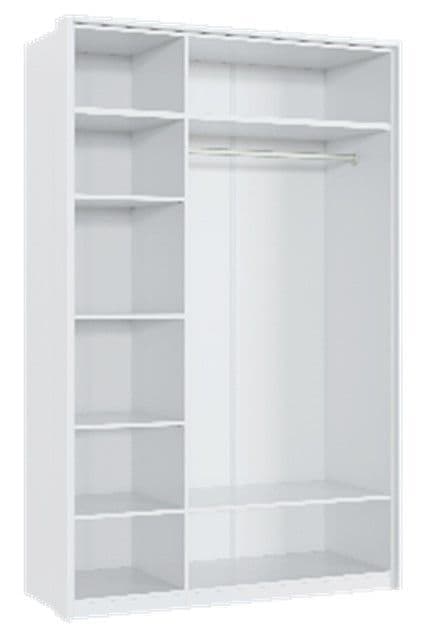 White wardrobe with shelves and a hanging rod on a white background
