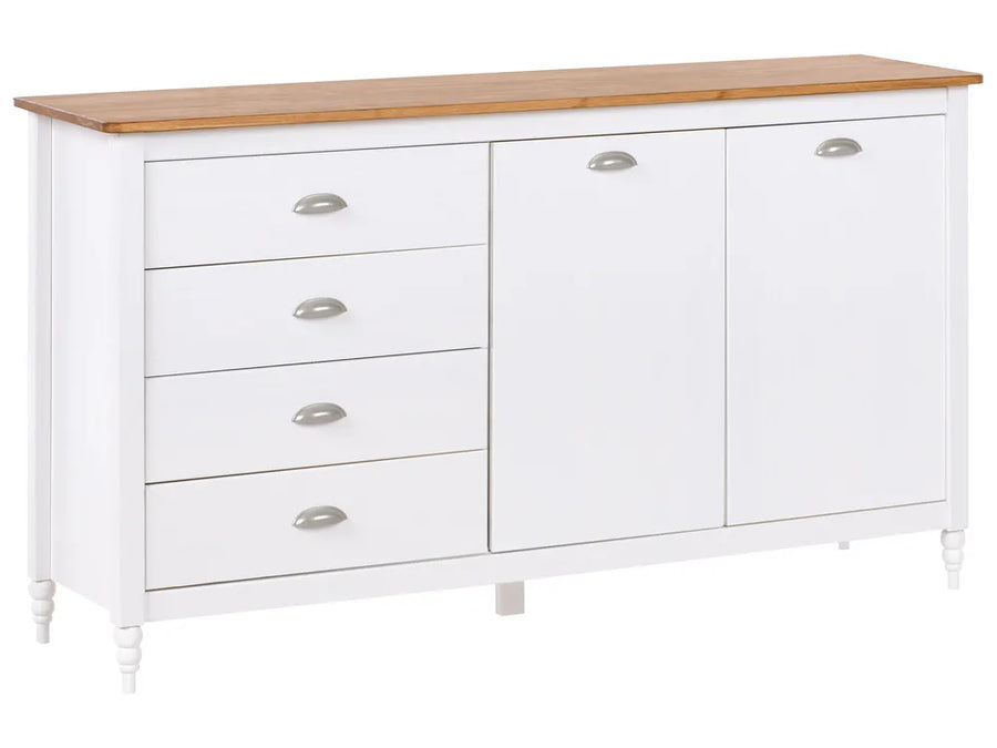 White dresser with wooden top on a white background