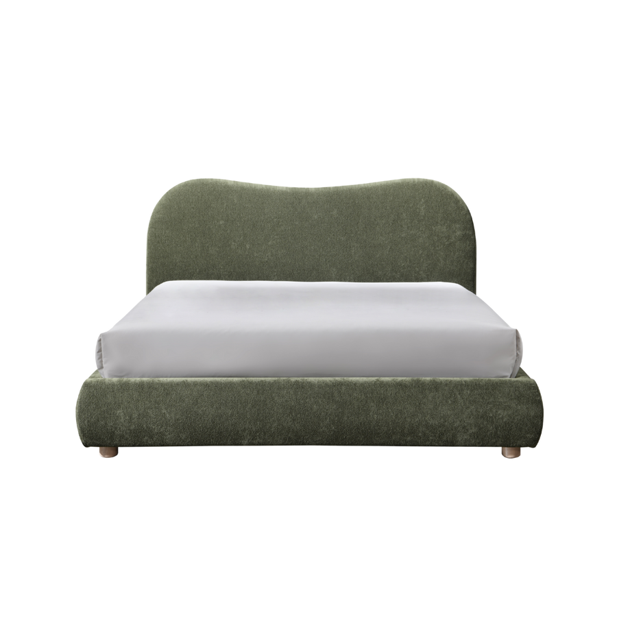 Green upholstered bed with a white mattress on a white background
