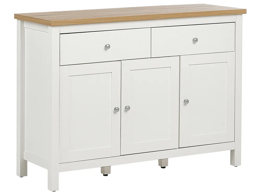 White sideboard with wooden top on a white background