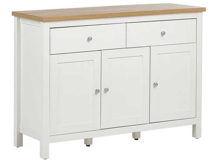 White sideboard with wooden top on a white background