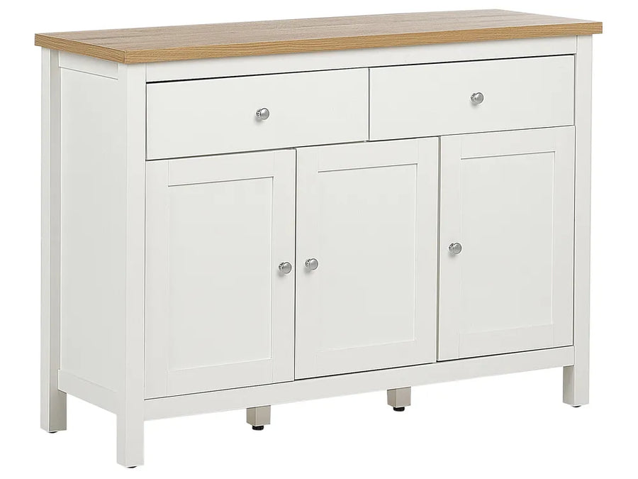White sideboard with wooden top on a white background