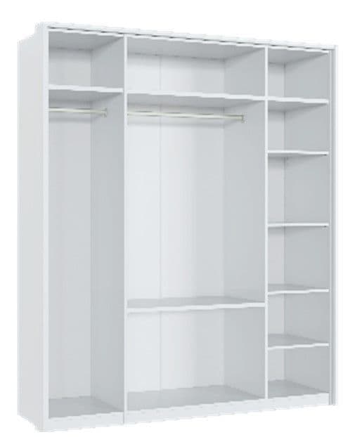 White wardrobe with open doors and shelves on a white background