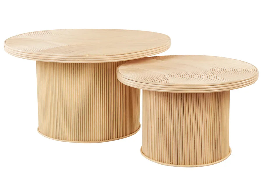 Two light wood coffee tables with a ribbed texture on a white background