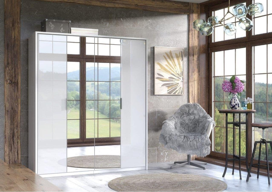 Modern interior design with a glass door, armchair, and decorative elements.