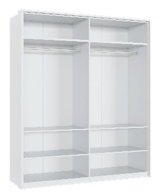White wardrobe with shelves and hanging rods on a white background
