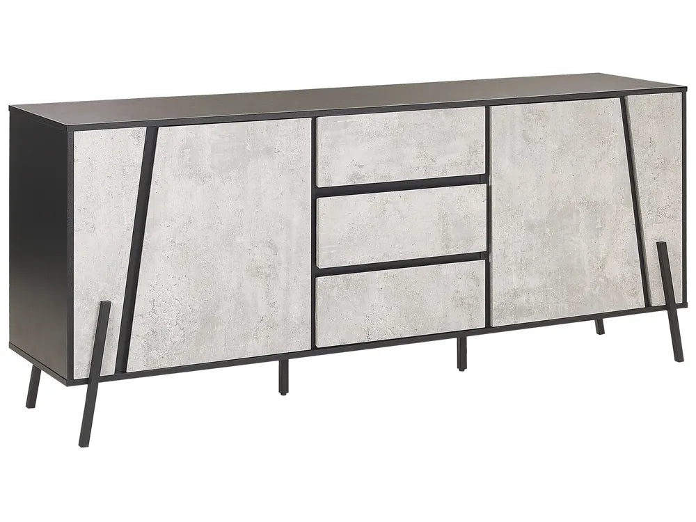Modern sideboard with concrete-like finish and black metal legs on a white background