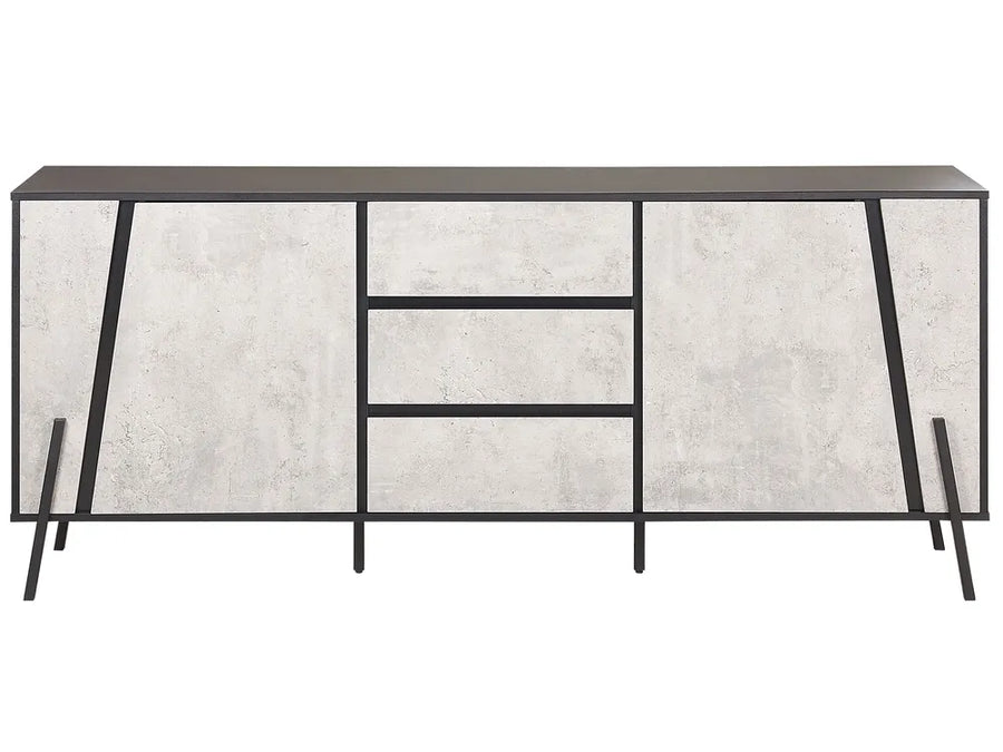 Long rectangular table with a gray surface and black metal legs on a white background