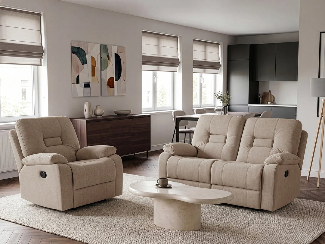 Manual Recliner Sofa Set in Taupe Fabric for Living Room