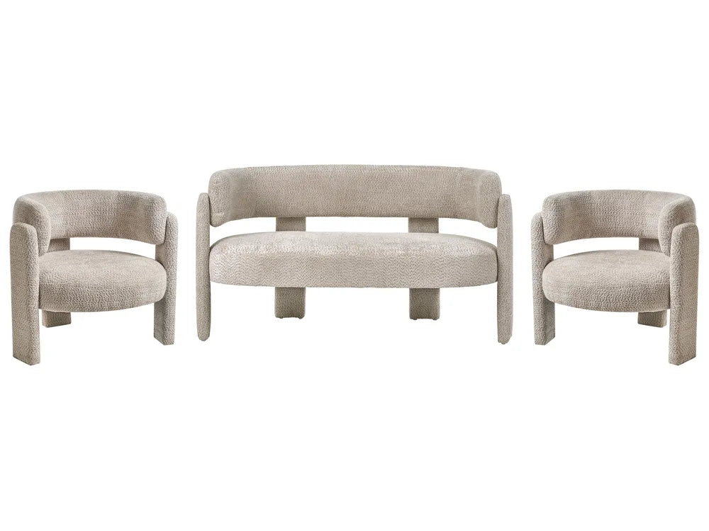 A three-piece upholstered furniture set featuring a curved loveseat in the center and two matching armchairs on either side, all in a textured light beige fabric against a plain white background.