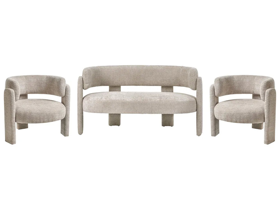 A three-piece upholstered furniture set featuring a curved loveseat in the center and two matching armchairs on either side, all in a textured light beige fabric against a plain white background.