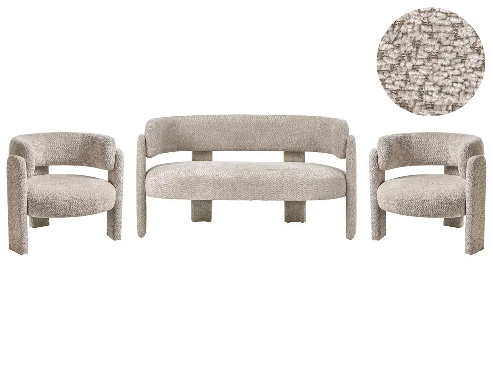 A three-piece upholstered furniture set featuring a curved bench in the center and two matching armchairs on either side, all in a textured light beige fabric. A circular fabric close-up is shown in the upper right corner against a plain white background.