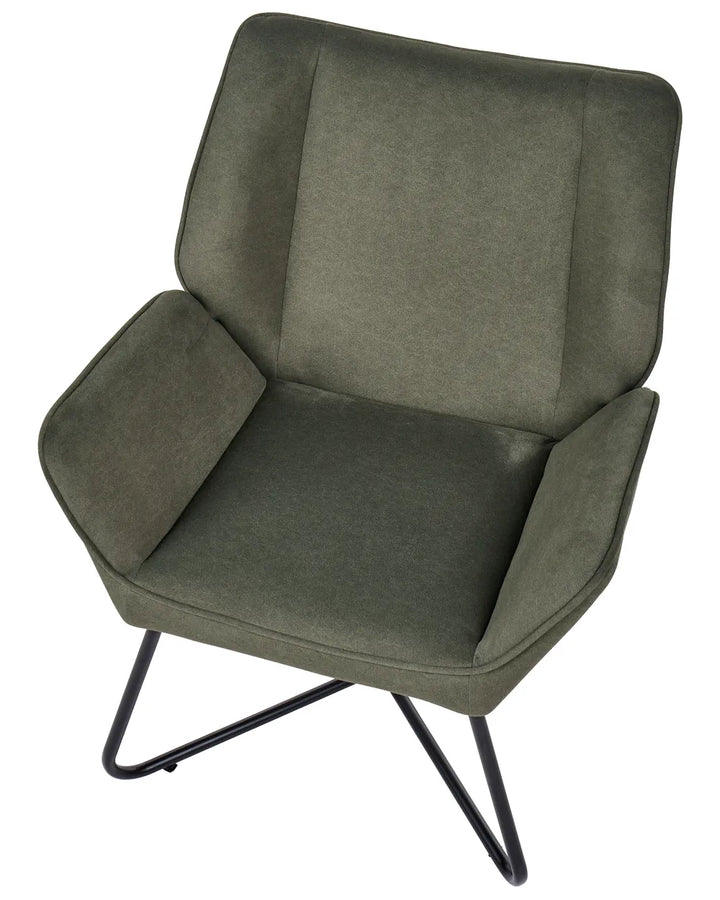 An upholstered accent chair in a muted olive green fabric with a black metal swivel base, shown against a plain white background.