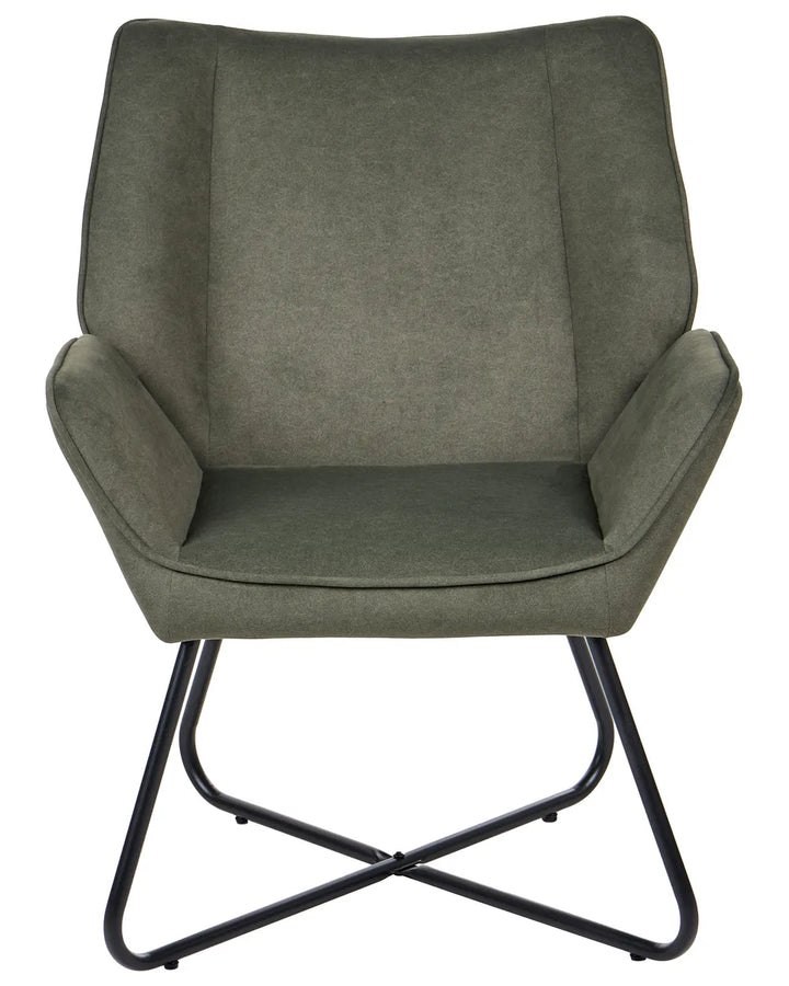 An upholstered accent chair in a textured sage green fabric with a black metal X-frame base, shown against a plain white background.