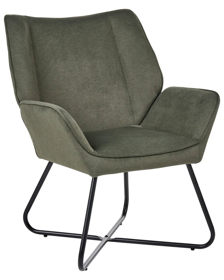 An upholstered accent chair in a textured sage green fabric with a black metal sled base, shown against a plain white background.