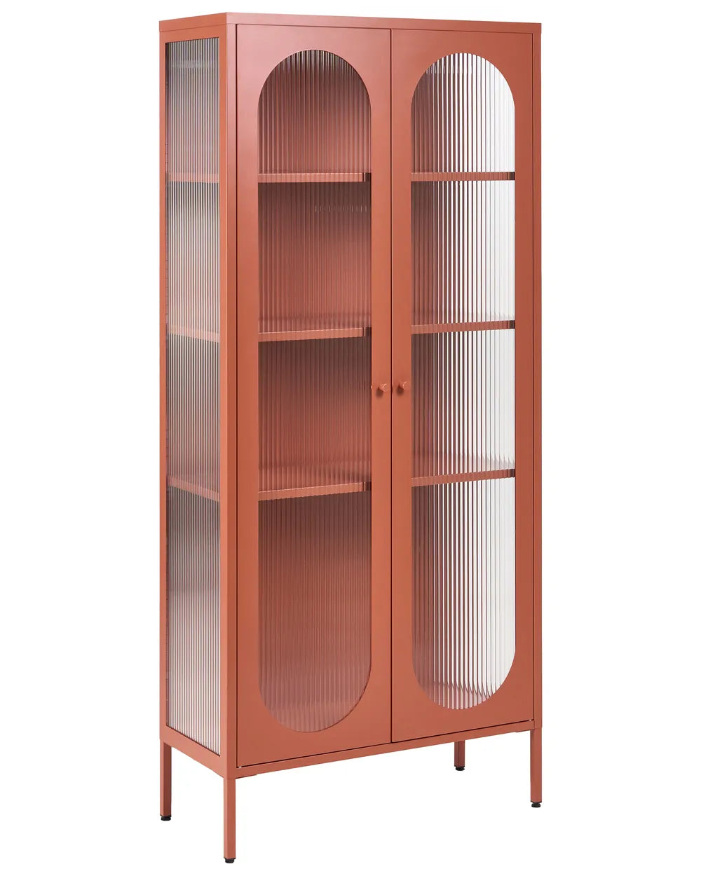 A tall, narrow display cabinet with a terracotta orange finish and two arched glass doors with vertical fluted panels, shown on a plain white background.