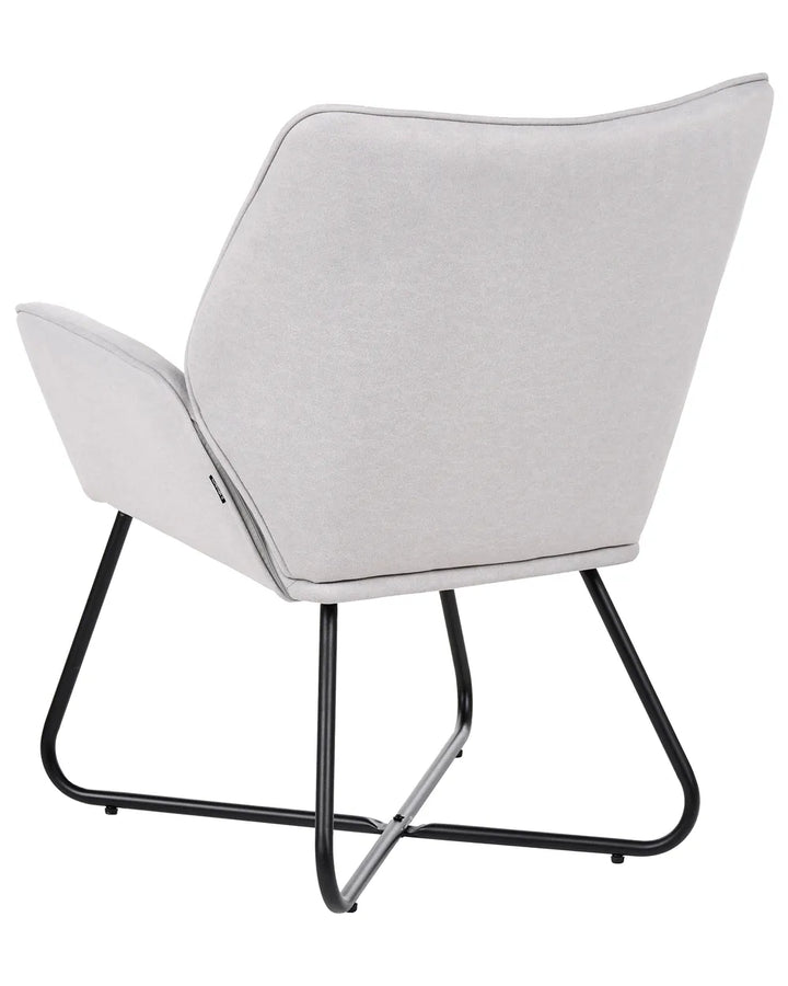 A modern accent chair with a light gray upholstered seat and backrest, supported by a sleek black metal frame, shown from a three-quarters angle against a white background.