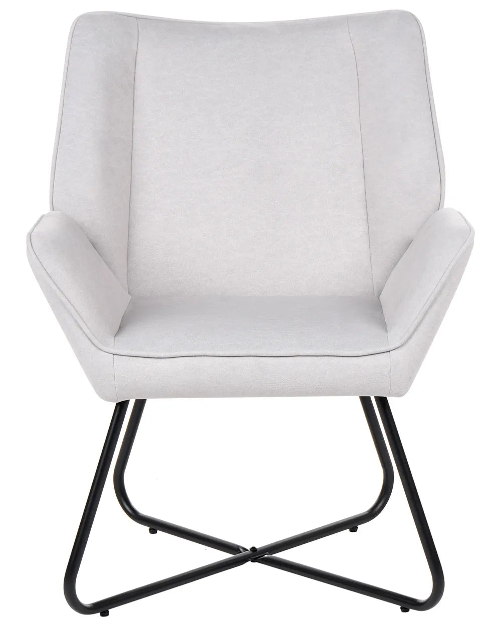 A light gray upholstered dining chair with a black metal cantilever base, shown against a plain white background.
