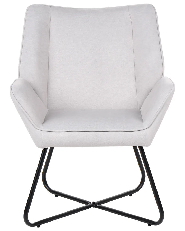 A light gray upholstered dining chair with a black metal cantilever base, shown against a plain white background.