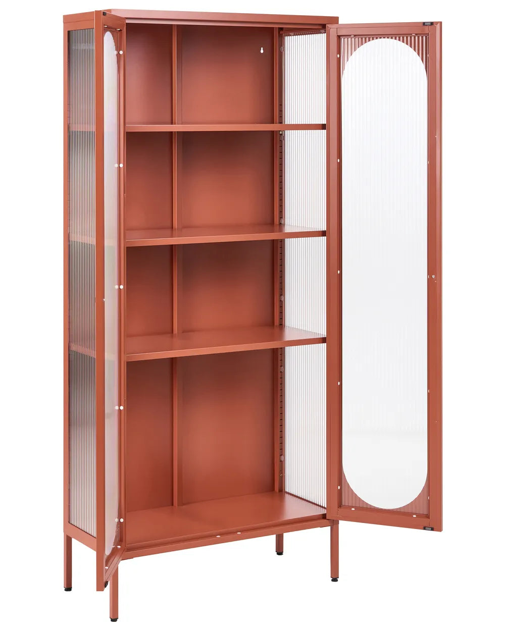 A tall rust-colored metal bookcase with four shelves and two glass-paneled doors, one of which is open, shown against a plain white background.