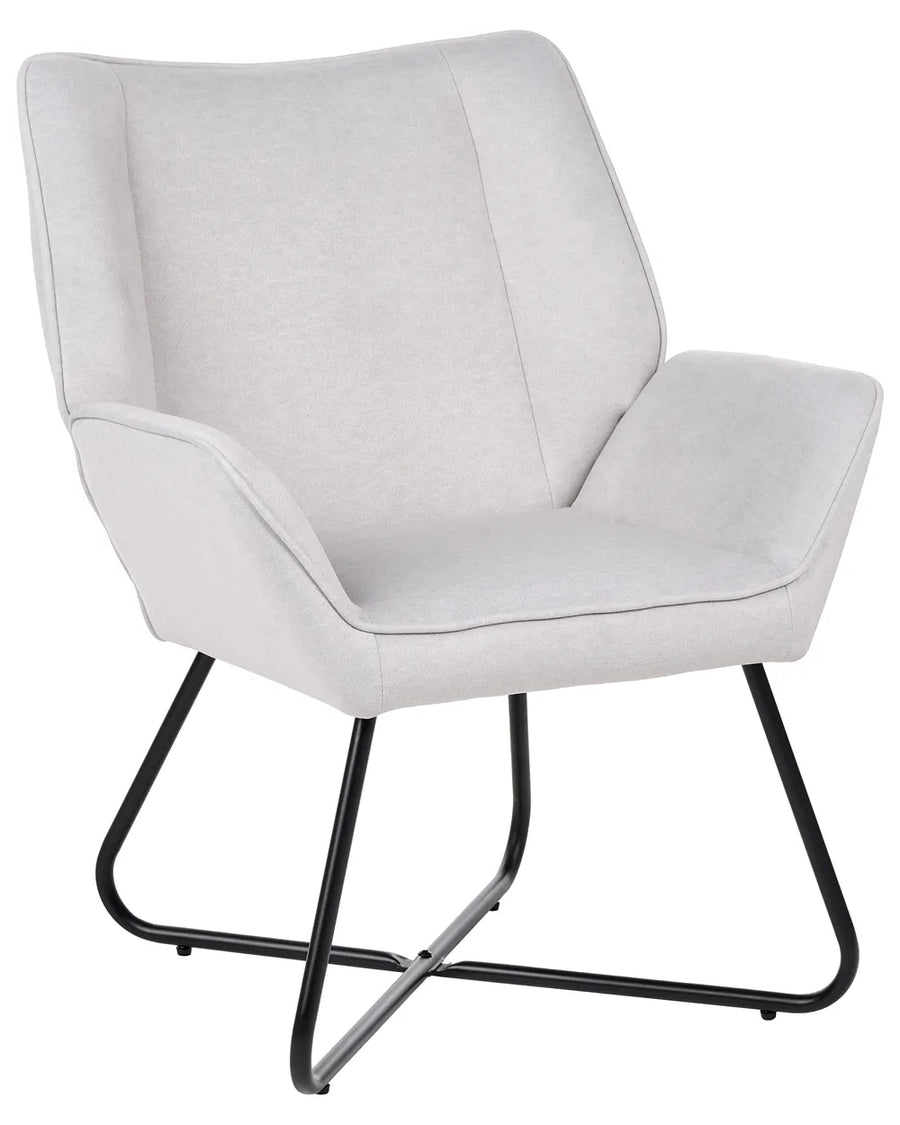 A modern accent chair with light gray upholstered seat and backrest, supported by a black metal sled base, shown against a plain white background.