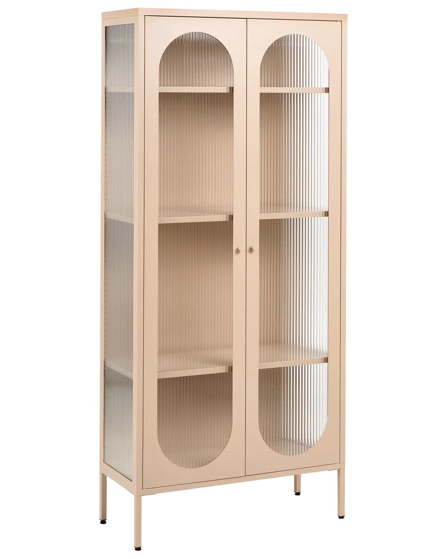 A tall, narrow display cabinet with a light beige wood finish and ribbed glass doors, featuring four shelves and small metal legs.