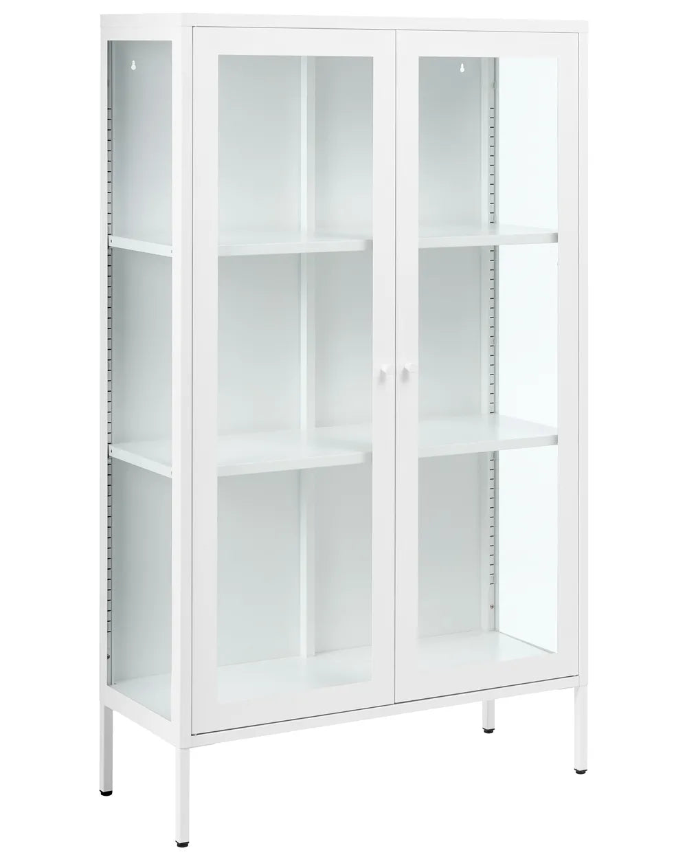A tall white storage cabinet with two glass doors, four interior shelves, and adjustable peg rails on the side, shown on a plain white background.