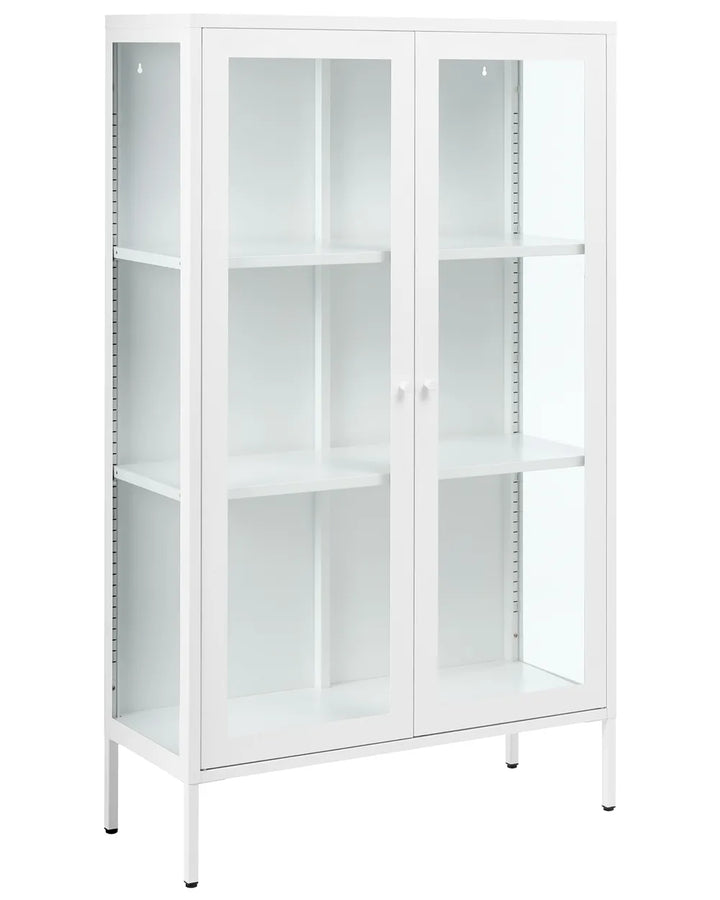 A tall white storage cabinet with two glass doors, four interior shelves, and adjustable peg rails on the side, shown on a plain white background.