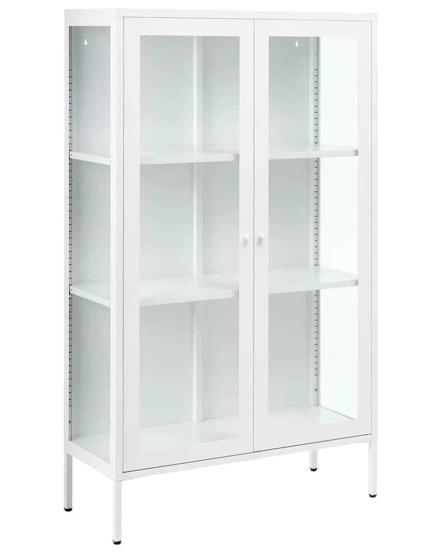 A tall white storage cabinet with two glass doors, four interior shelves, and adjustable peg rails on the side, shown on a plain white background.