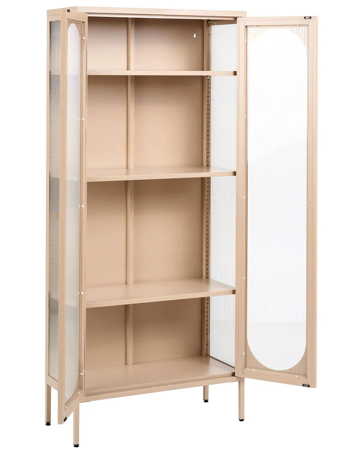 A tall, narrow open bookcase cabinet with a light beige wood frame, four interior shelves, and two glass-paneled doors, shown on a plain white background.