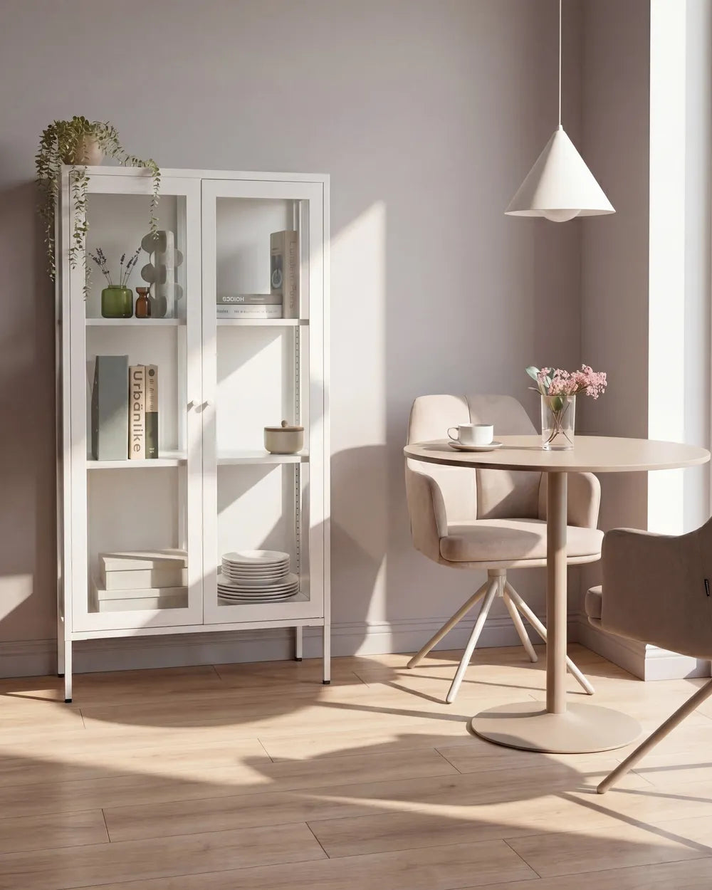 A tall white glass-front cabinet with open shelves stands beside a round dining table and chairs in a softly lit room with wood flooring and a hanging pendant light.