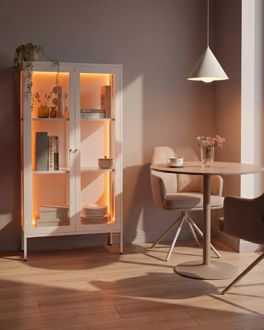A tall white glass-front cabinet with warm interior lighting stands beside a small round dining table and chairs in a sunlit room with wood flooring.