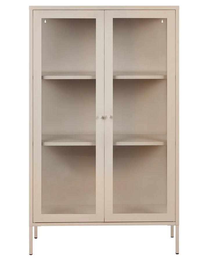 A tall, narrow storage cabinet with two glass doors, four interior shelves, and slim legs, shown against a plain white background.