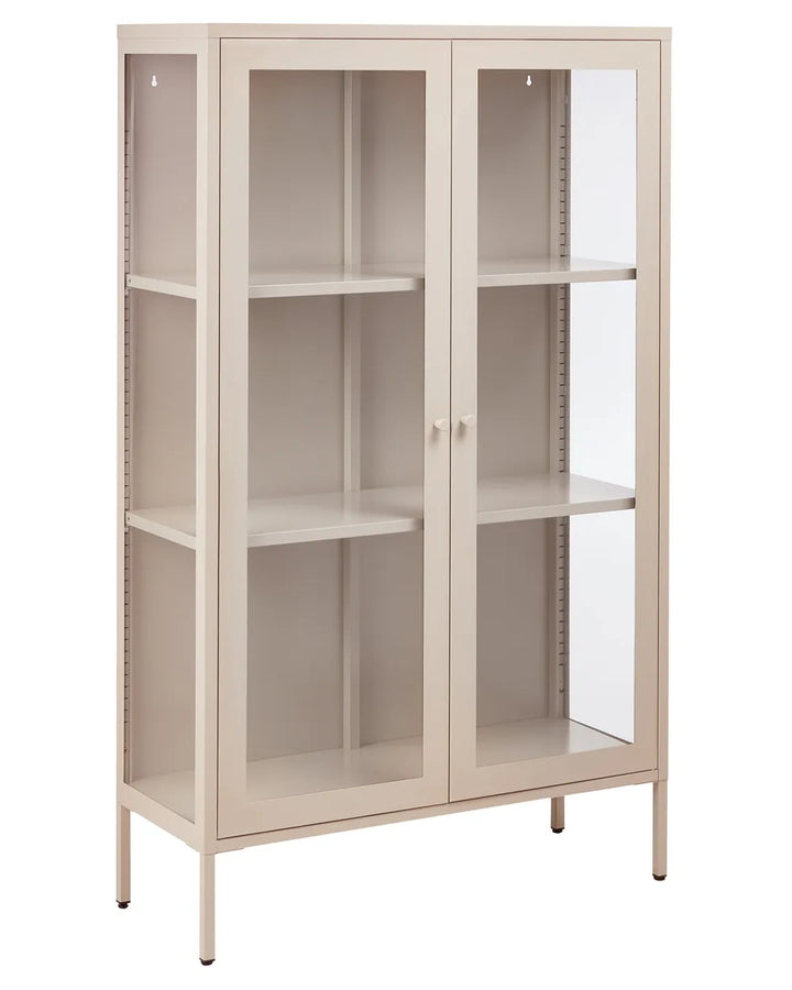 A tall, narrow storage cabinet with two glass doors, four interior shelves, and slim legs, shown on a plain white background.