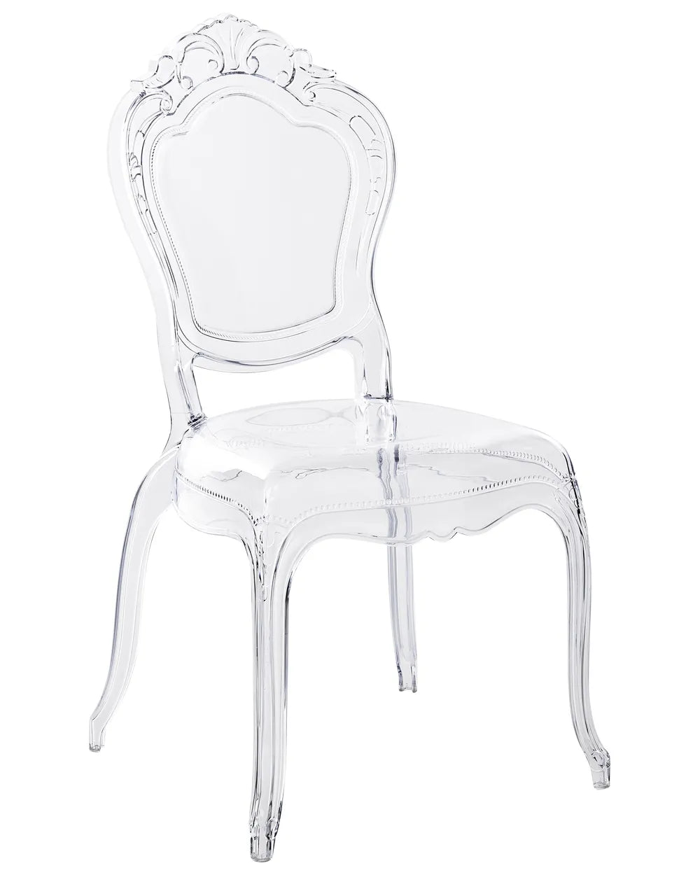 A transparent acrylic side chair with a classic French baroque style backrest and curved legs, shown on a solid white background.