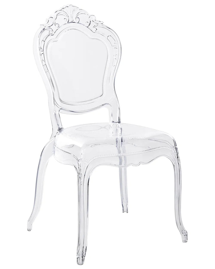 A transparent acrylic side chair with a classic French baroque style backrest and curved legs, shown on a solid white background.