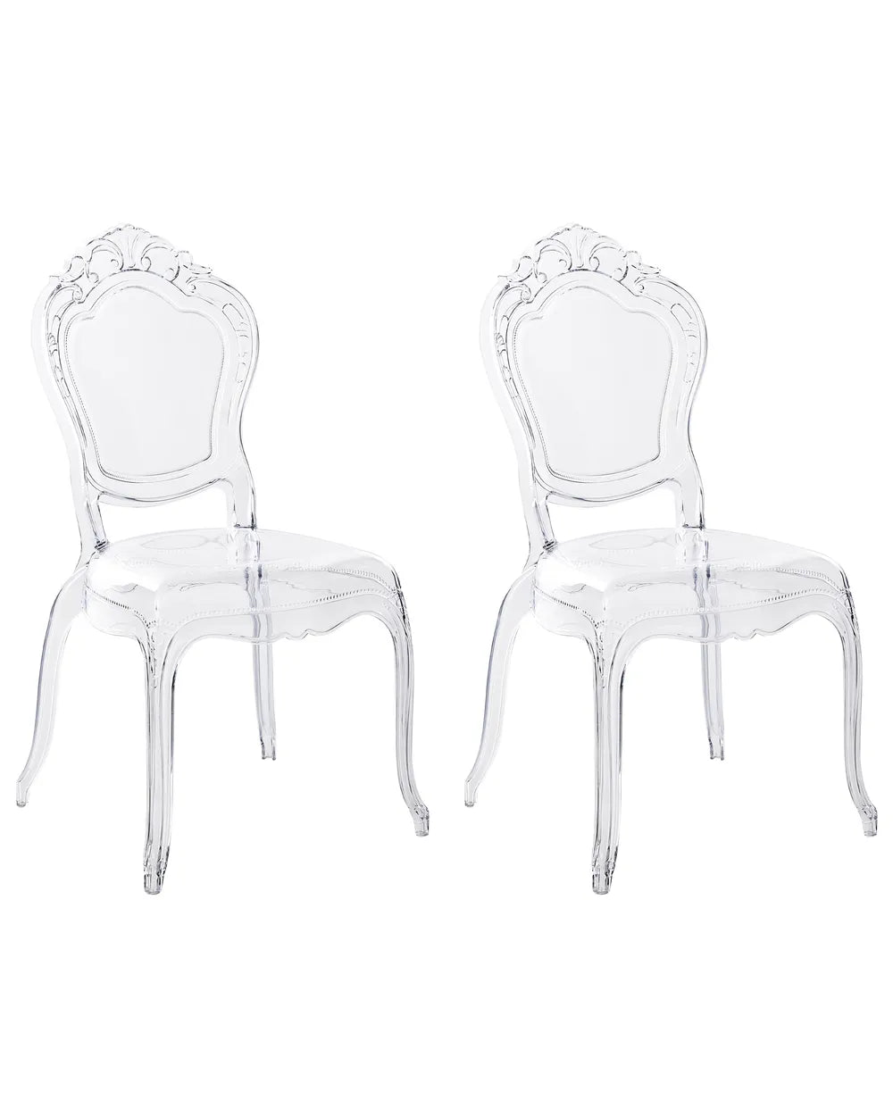 Two clear acrylic dining chairs with ornate baroque-style backs, shown side by side on a plain white background.