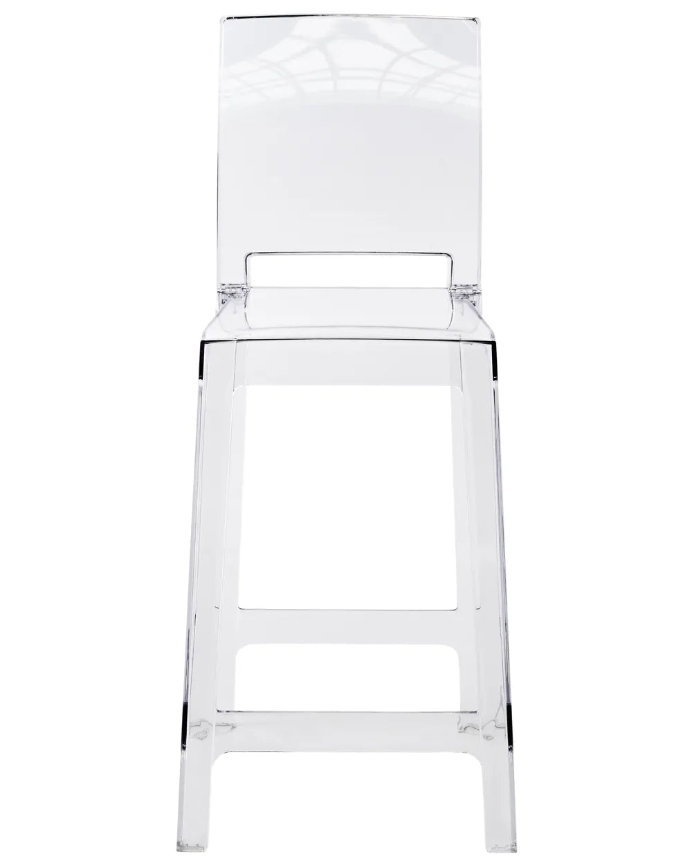 A modern transparent acrylic bar stool with a clear seat, backrest, and legs, shown against a plain white background.