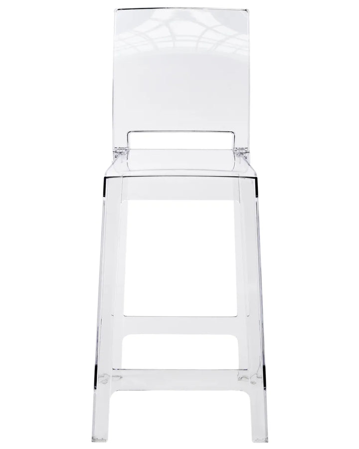 A modern transparent acrylic bar stool with a clear seat, backrest, and legs, shown against a plain white background.
