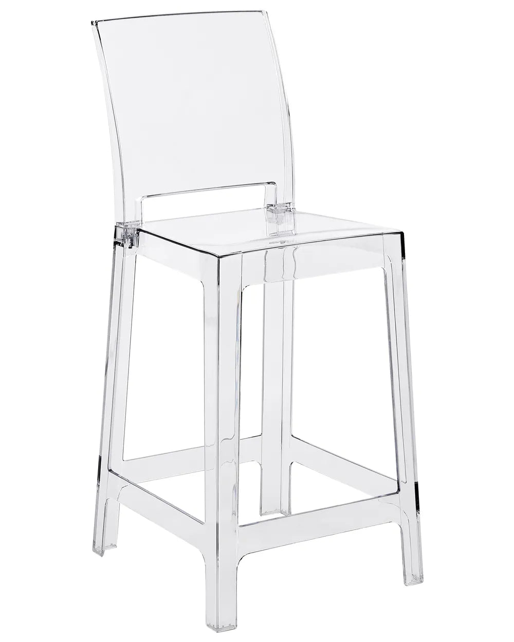 A modern transparent acrylic bar stool with a curved backrest, clear seat, and open frame legs, shown on a plain white background.